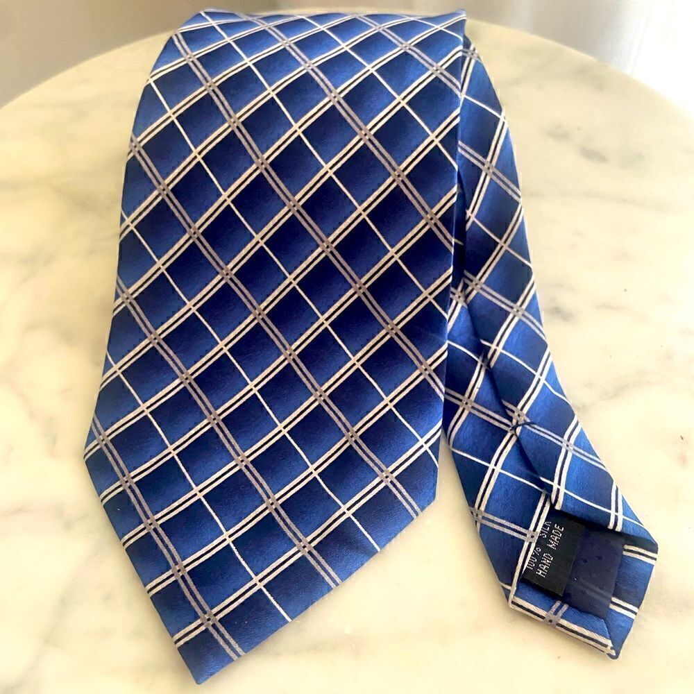 PIERRE CARDIN Multiple Blue Diaganol Striped Checkered 100% Silk Tie